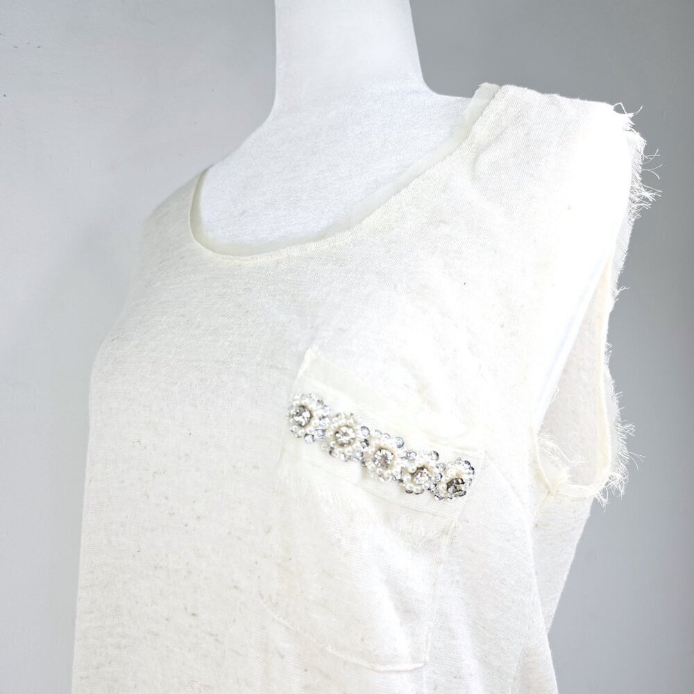 Anthro A’reve Ivory Linen Lace Trim Rhinestone Embellished Sleeveless Tank Top - Picture 2 of 7
